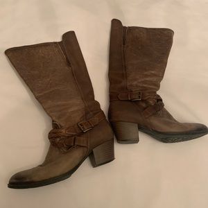 Earth Orchard Taupe Leather Belted Knee High Women’s Boots
